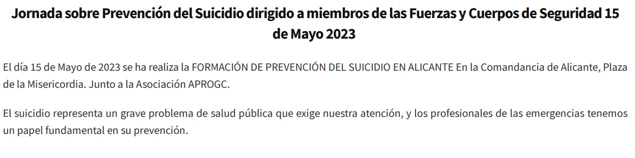 17. Jornada sobre Prevención del Suicidio dirigido a miembros de las Fuerzas y Cuerpos de Seguridad 15 de Mayo 2023